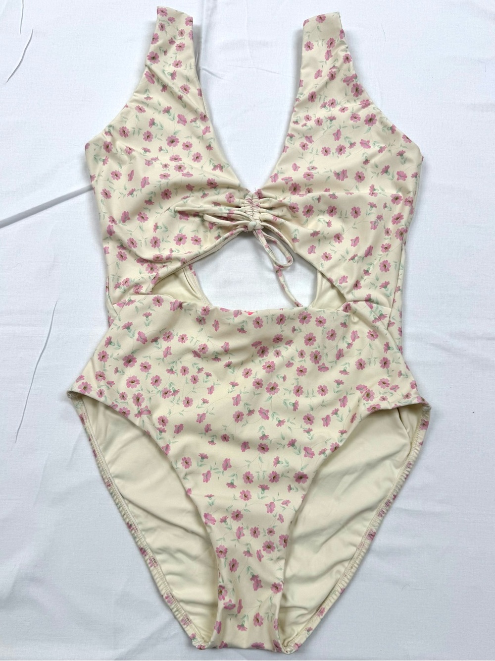 FARM Rio Floral Cutout One Piece Swimsuit Small Ruched Tie Front Cream Pink